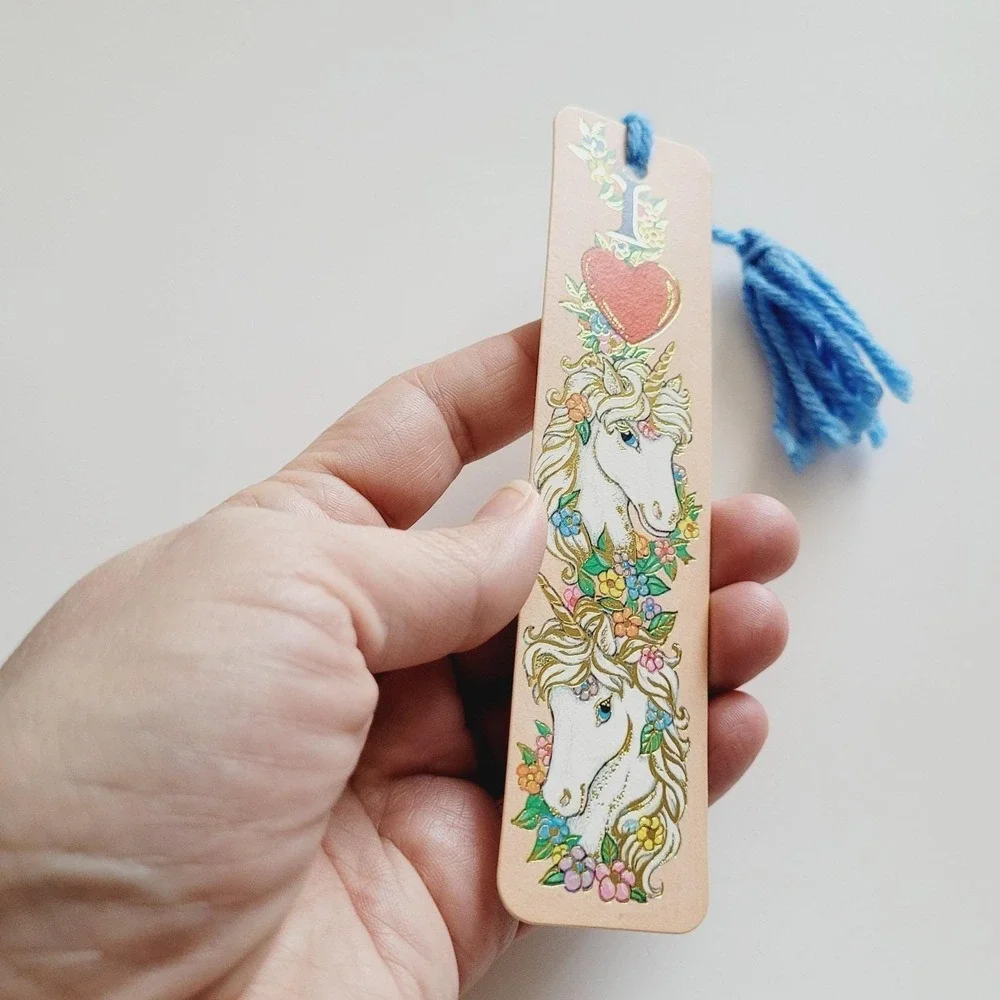 Vintage 80s Bookmark I Love Unicorns Heart Fairy Gold Embossed 1985 Antioch H613